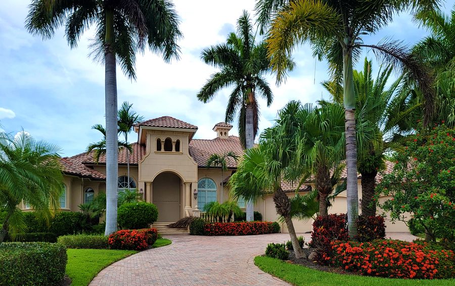 Corporate campus grounds with palm trees and manicured landscaping