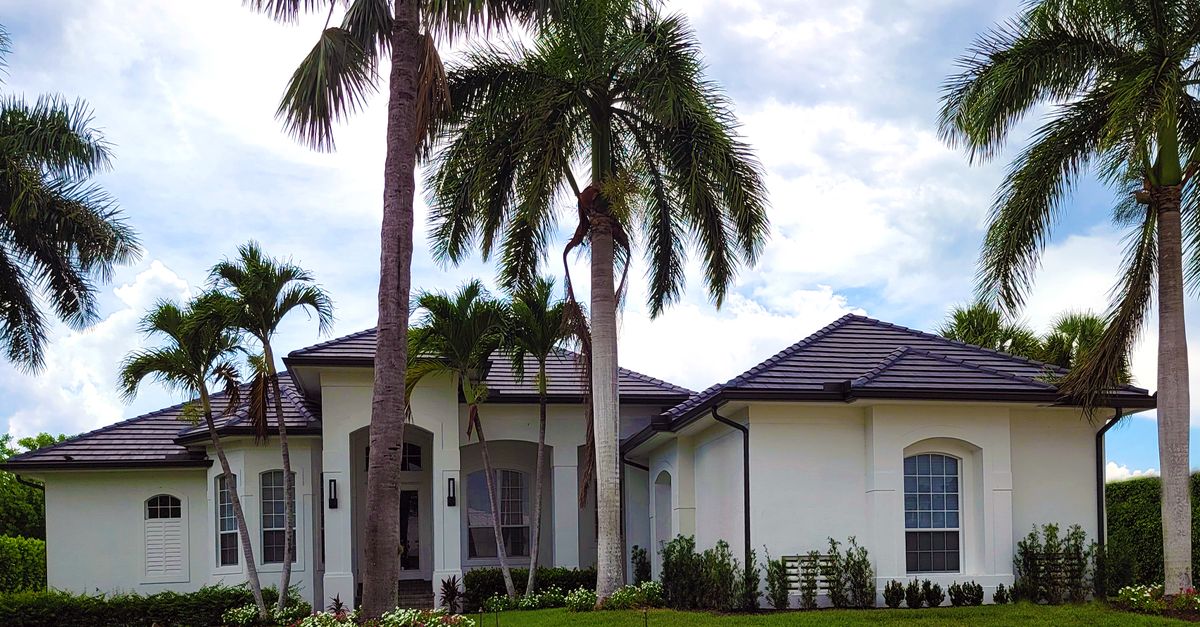 White residential house surrounded by lush palm trees in a tropical setting.