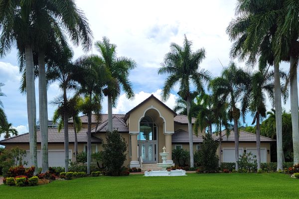 Stunning mansion with large windows surrounded by palms