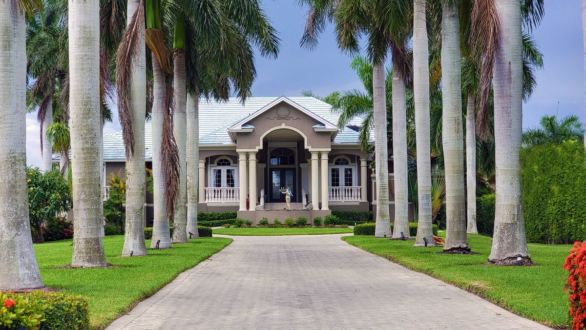 Beautiful house with palm-lined driveway