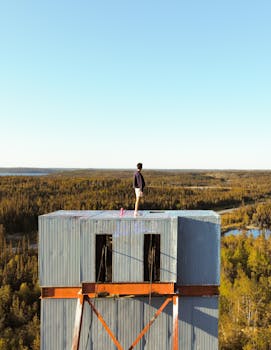 Person standing on building rooftop, viewing expansive forest under clear sky.