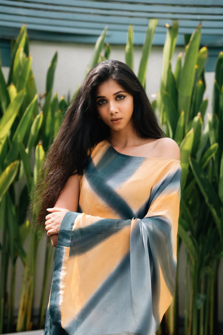 Portrait Of Beautiful Woman Wearing Geometric Dress