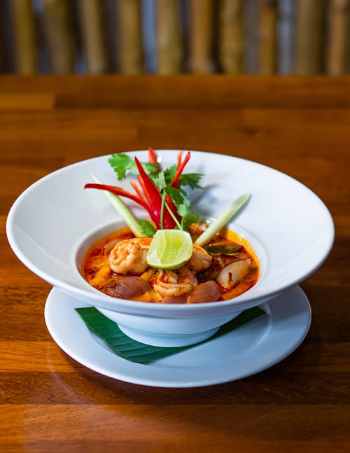 Close-up of a Bowl of Tom Yum Soup