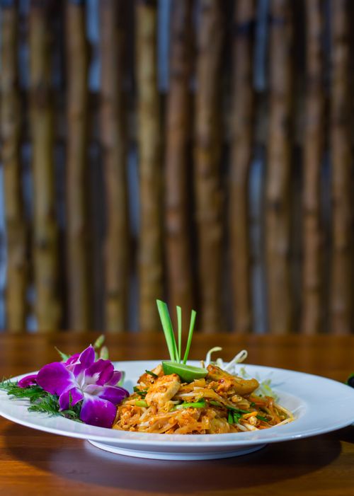 Free Aromatic Thai Pad Thai with noodles, shrimp, and elegant orchid garnishing on a white plate. Stock Photo