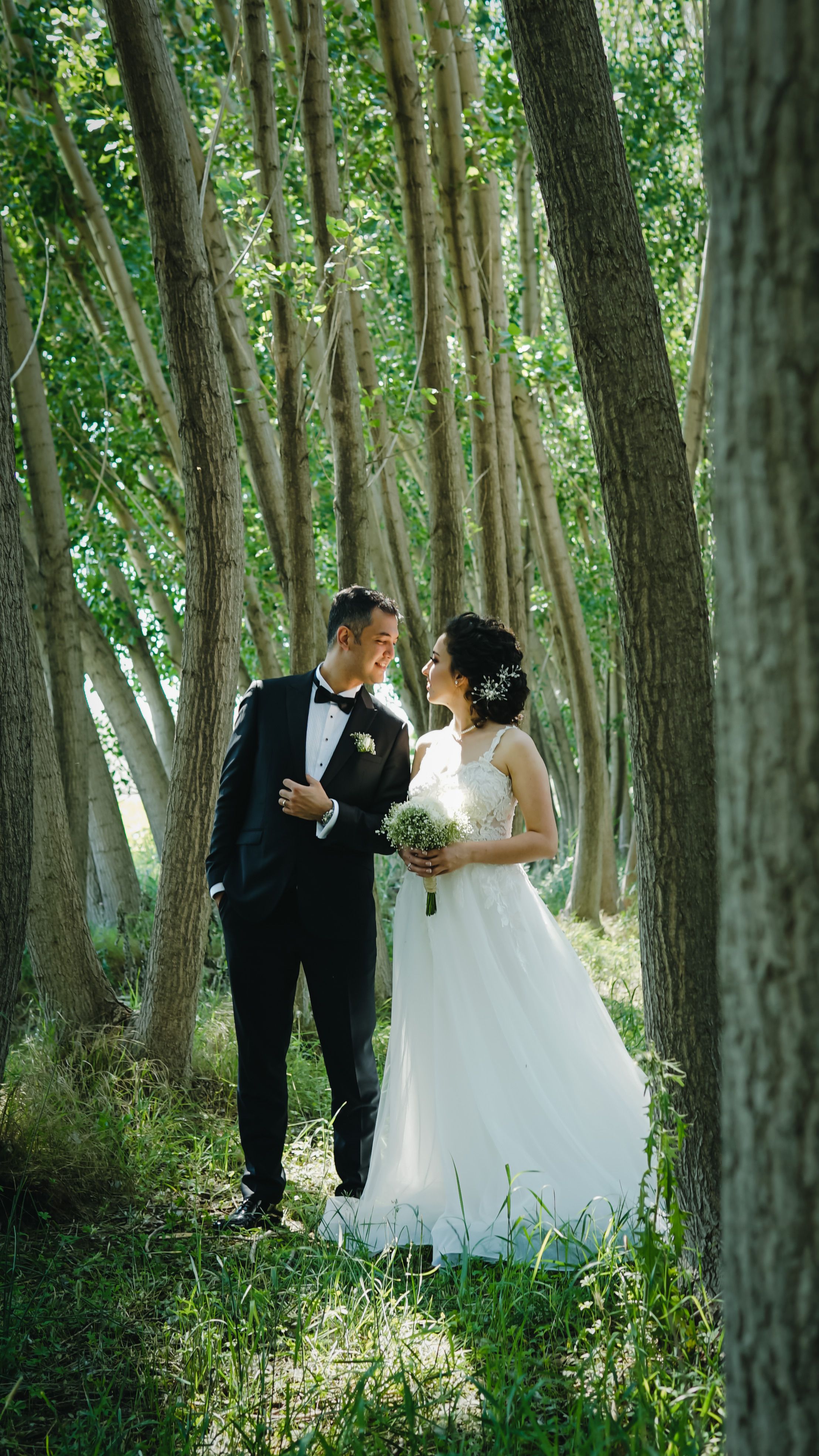 Bride and groom embrace in a sunlit forest, capturing a heartfelt wedding moment.