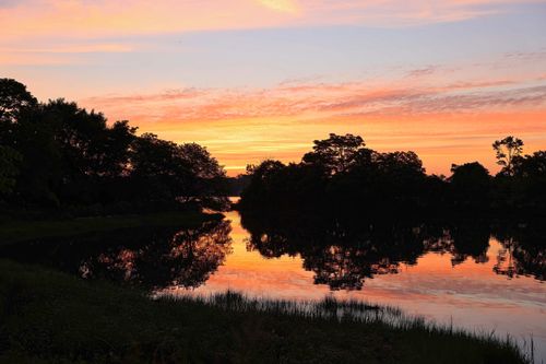 Free Captivating sunset over a tranquil lake with silhouette trees in Stamford, CT. Stock Photo
