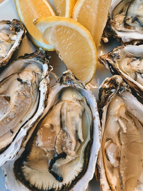 Free Close-up of fresh oysters with lemon slices, capturing a taste of Barcelona's seafood cuisine. Stock Photo