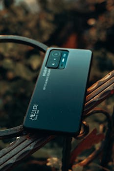 Close-up of a modern smartphone placed on a rustic metal textured surface, captivating outdoors shot.