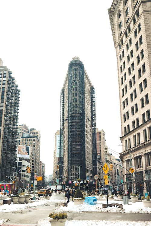 View of the Flatiron Building and Streets in Snow in New York City, New York, USA