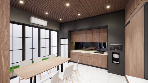 Sleek and modern dining room showcasing minimalist interior design and furniture.