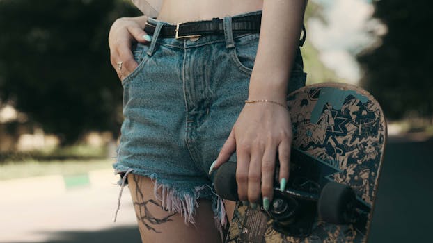Person holding a skateboard with denim shorts, showcasing urban lifestyle.