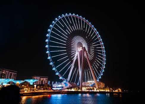 Illuminated Ferris wheel in Dubai at night showcasing vibrant cityscape and architectural beauty.