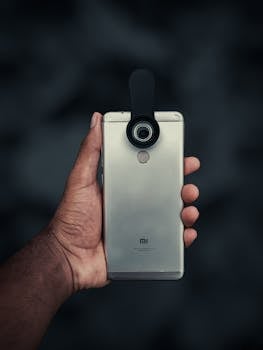 Hand holding a smartphone with an attached clip-on lens for photography enhancement.