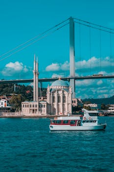 Scenic view of the Ortaköy Mosque with the Bosphorus Bridge in Istanbul, capturing architectural beauty and maritime life.