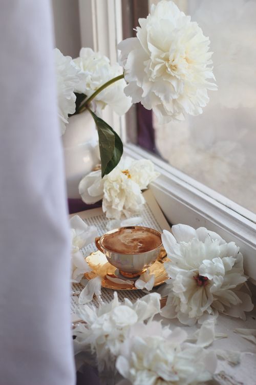 Free Relaxing coffee break with white peonies on a windowsill, creating a serene atmosphere. Stock Photo