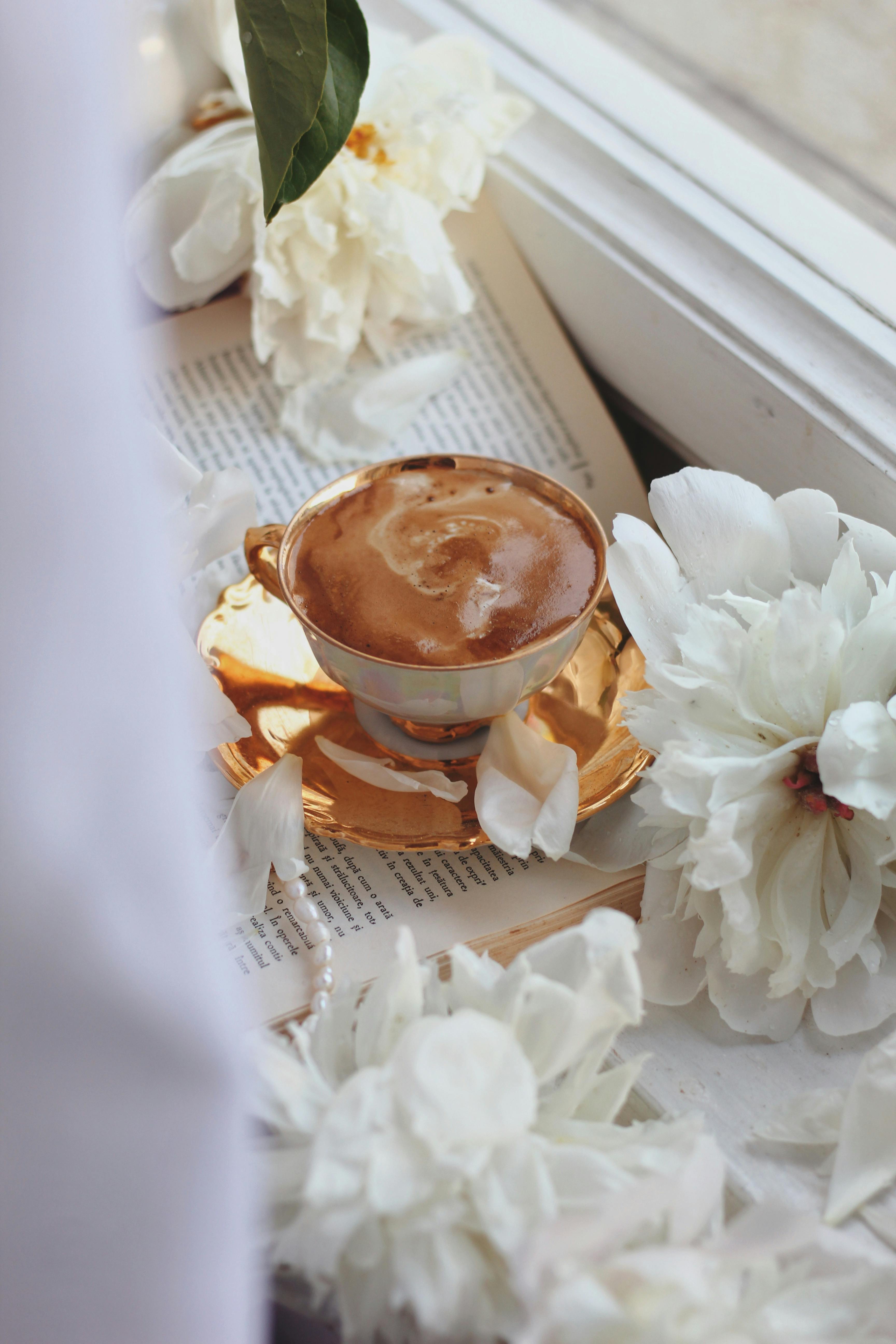 Free A coffee cup with foam sits on a book surrounded by white peonies on a window sill. Stock Photo