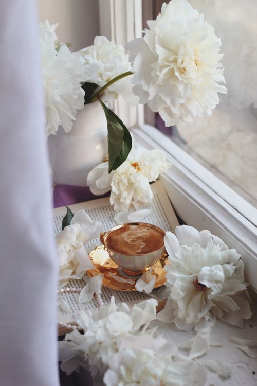 Free A serene scene of a coffee cup surrounded by white flowers on a windowsill, creating a cozy and inviting atmosphere. Stock Photo