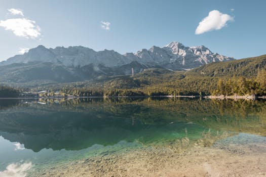 Panoramic view of Zugspitze reflecting in Eibsee Lake, showcasing clear skies and serene nature.