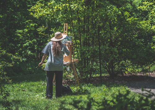 Free A woman with long hair paints on an easel in a lush, sunlit park. Stock Photo