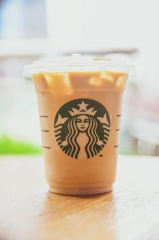 Close-up of iced coffee in a Starbucks plastic cup on a wooden table.