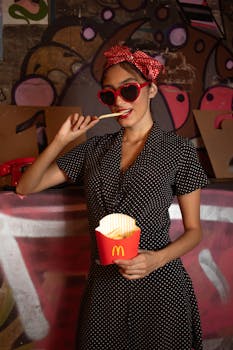 Stylish woman posing with McDonald's fries against a graffiti wall, wearing retro fashion.