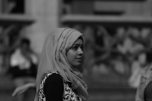 Grayscale Photo of Woman Wearing Hijab
