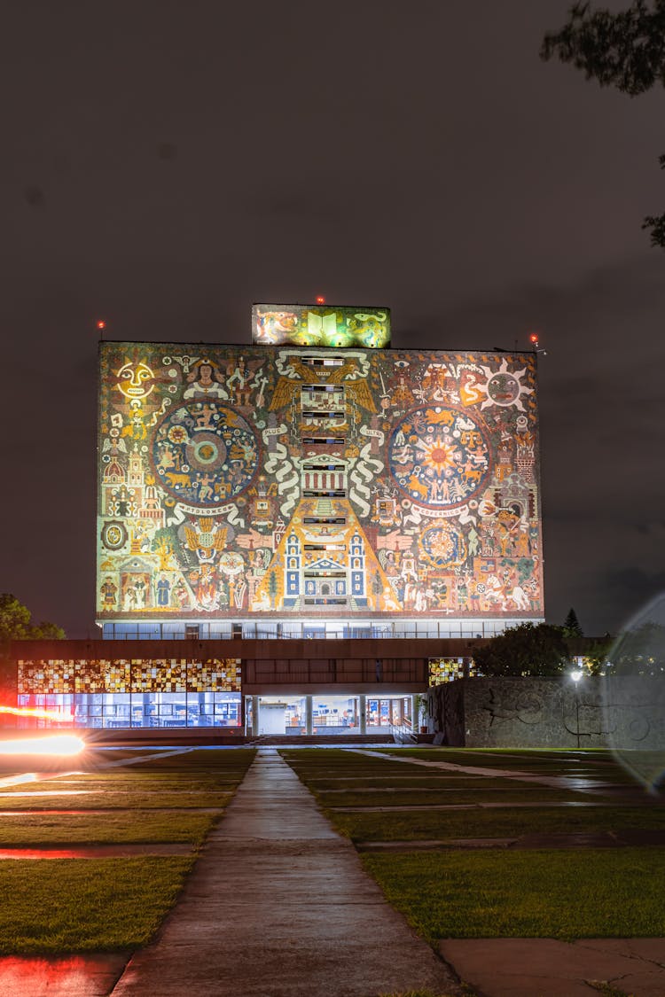 University Library In Mexico Illuminated At Night