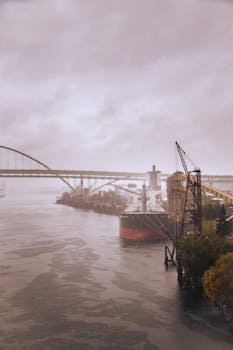 A cargo ship docked in an industrial harbor beneath a cloudy sky, with cranes and a bridge in the background.