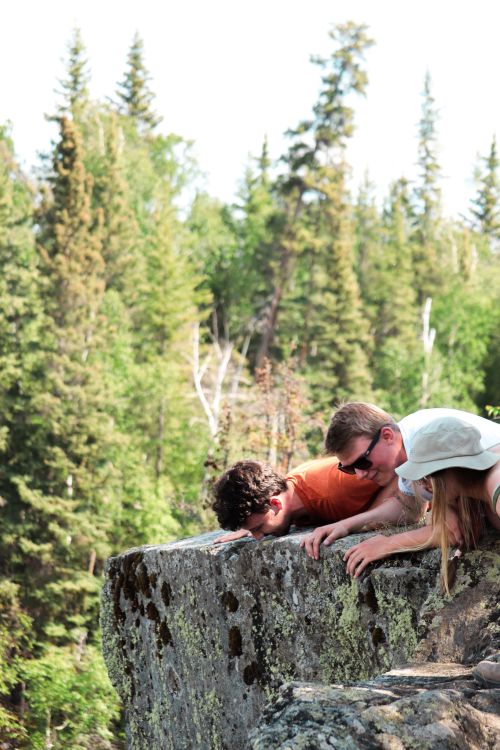 Free Group of young friends exploring a scenic cliff edge surrounded by trees. Stock Photo