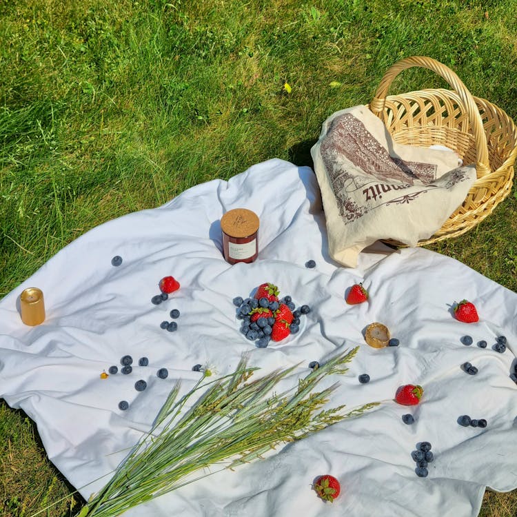 Berries On White Picnic Blanket 