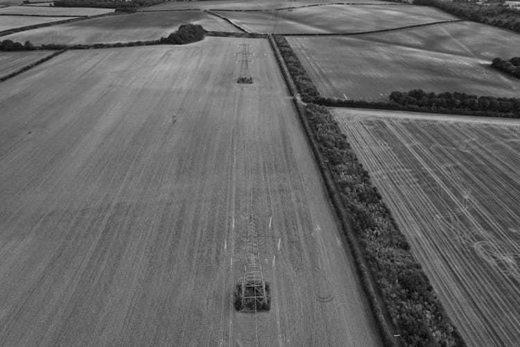 Grayscale Drone Shot Of A Countryside In England