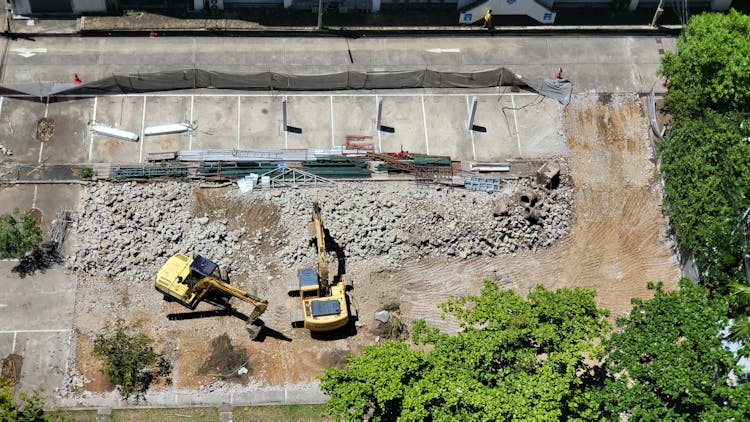 Drone Shot Of Excavators On A Construction Site 