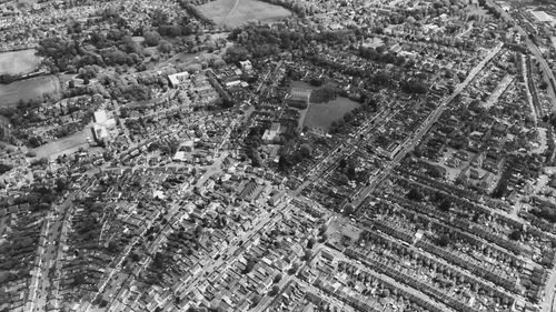 Free Monochrome aerial cityscape of Luton, England showcasing urban layout and architecture. Stock Photo
