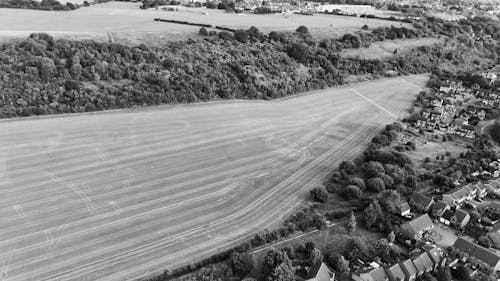Grayscale Birds Eye View of a Countryside in England