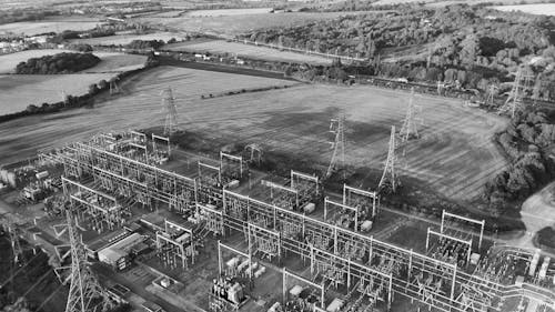 Grayscale Birds Eye View of a Power Station in England