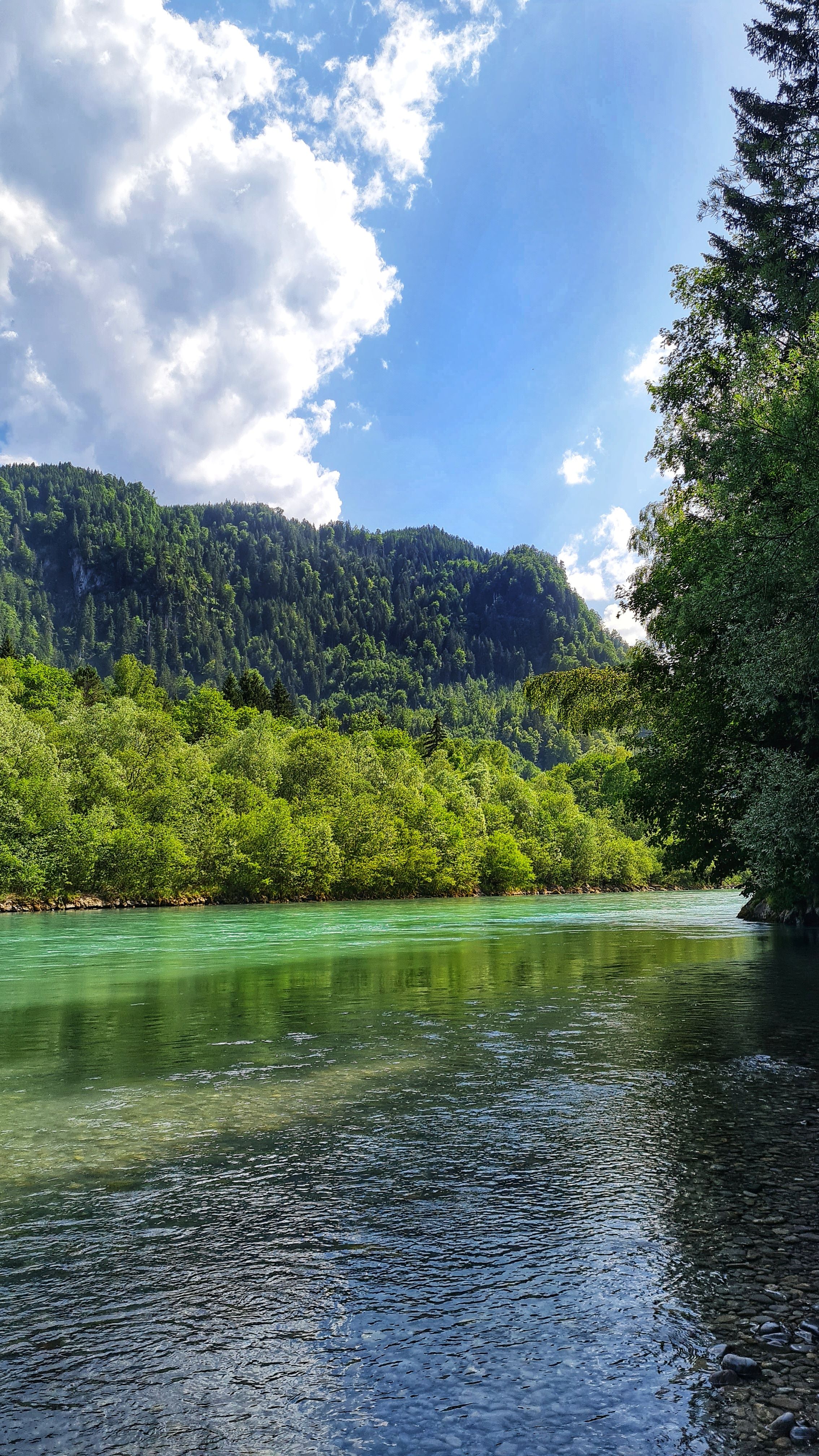 Tranquil river flowing through lush green mountains under a bright summer sky.
