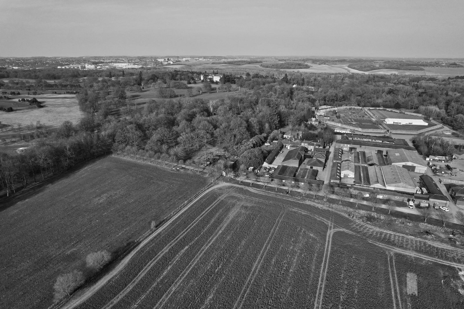 Aerial view of fields and rural businesses in Hampshire