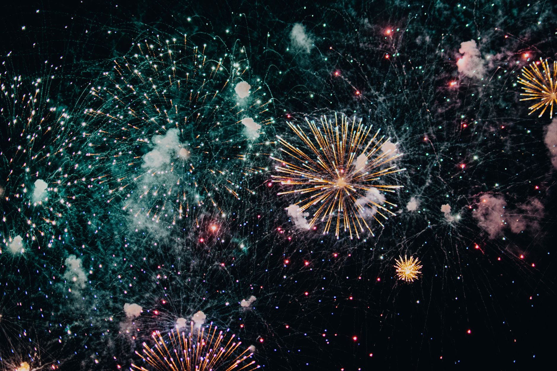Vibrant fireworks burst in the night sky, showcasing a colorful pyrotechnic display.