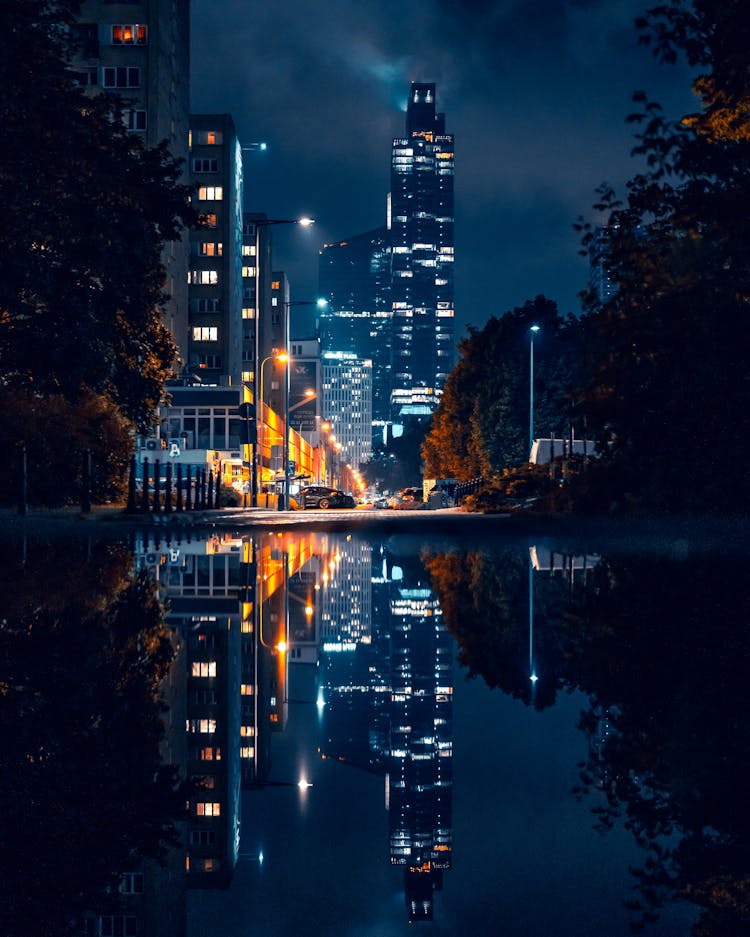 City Reflection In Puddle