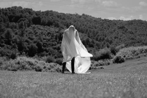 Person Covered with White Fabric Standing on a Meadow 