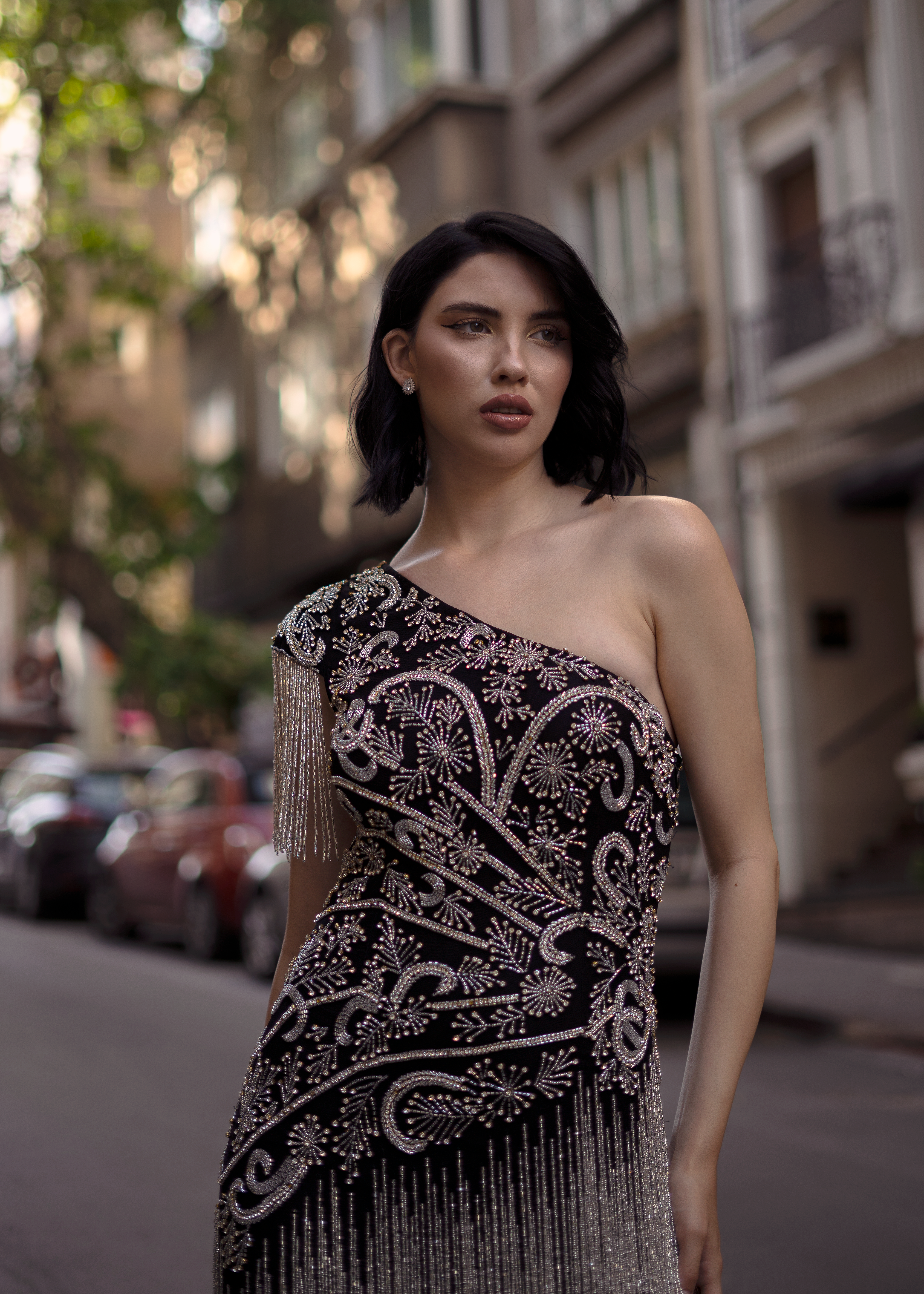 Chic woman in a stunning embroidered dress walking down a charming Istanbul street.