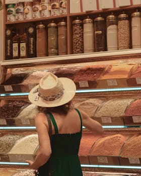 Woman in summer hat browsing spices in a market aisle, exploring colorful ingredients.