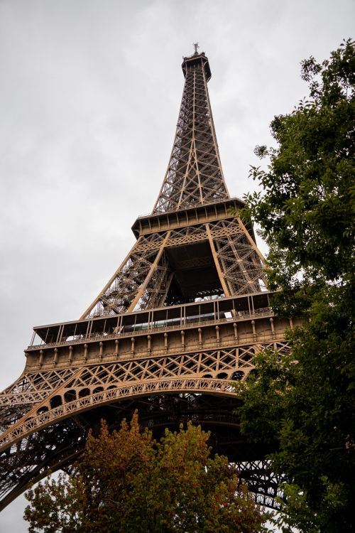 Free Dynamic low angle shot of the Eiffel Tower in Paris capturing its architectural details and leafy surroundings. Stock Photo