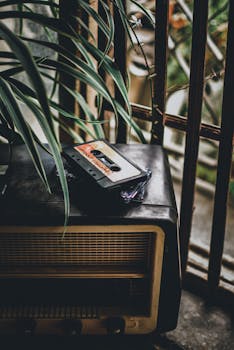 A nostalgic scene featuring cassette tapes resting atop a vintage radio, surrounded by greenery.