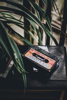 Artistic still life of vintage cassette tapes with greenery, offering a nostalgic vibe.