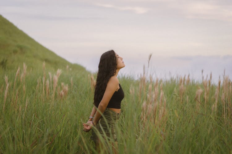 Girl With Long Brown Hair Standing In Grassland