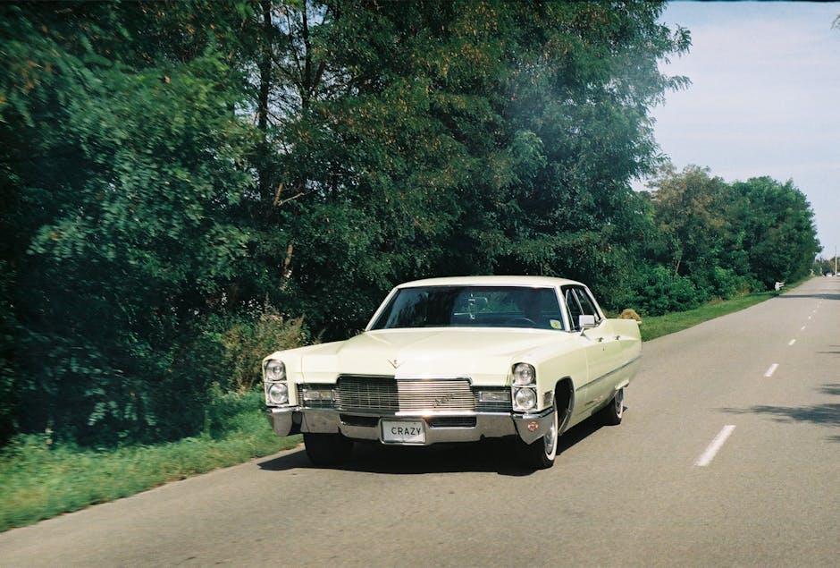 Classic car driving on a serene highway surrounded by lush greenery in Sakhalin Oblast, Russia.