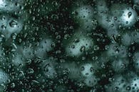 玻璃窗上雨滴的特写，背景是模糊的绿色