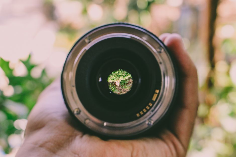 Close-up shot of a camera lens held in hand with a nature scene in focus through the lens.