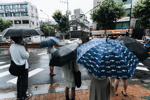 People with umbrellas waiting to cross a rainy street.